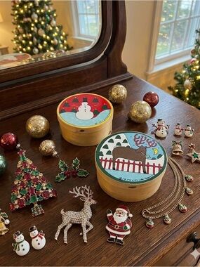 Vintage 1983 Hand Painted Lillian Vernon 2 Nesting Gift Boxes Snowman Reindeer